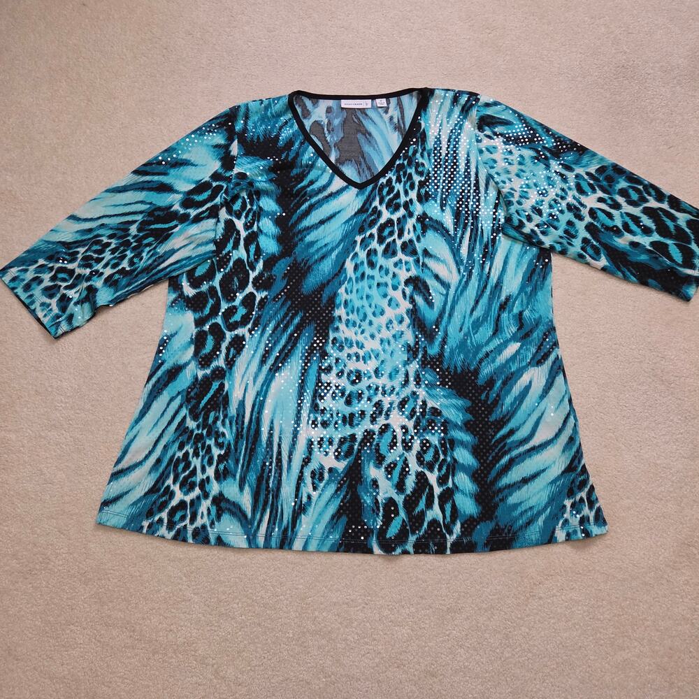 Susan Graver 1X Liquid Knit Animal Print Sparkly Tunic Top V-Neck